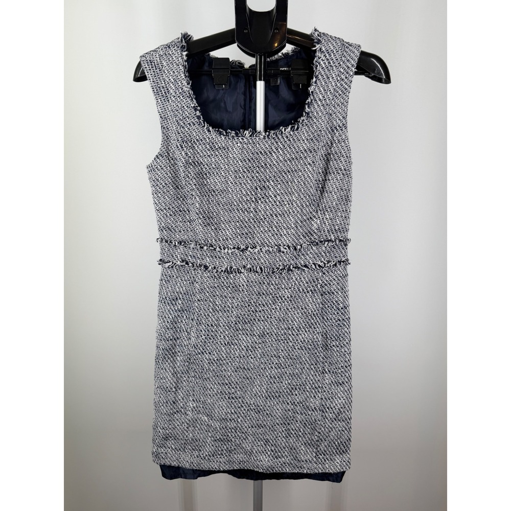Karl Lagerfeld Paris Navy White Tweed Fringe Sheath Dress Womens 8